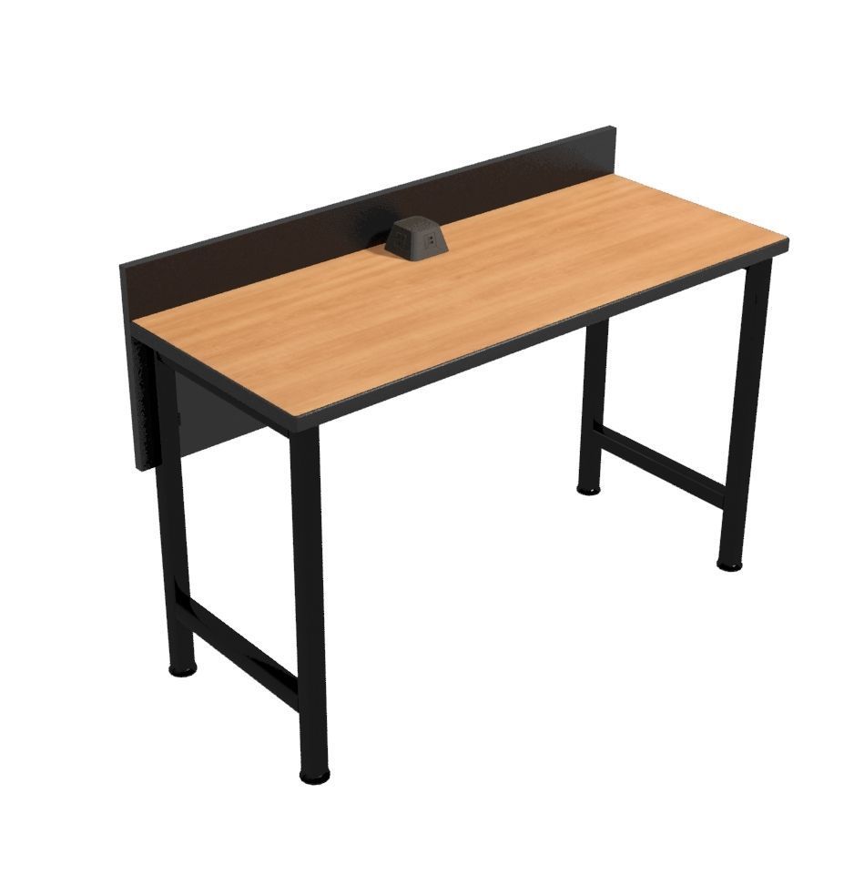 A wooden desk with a black frame on a white background.