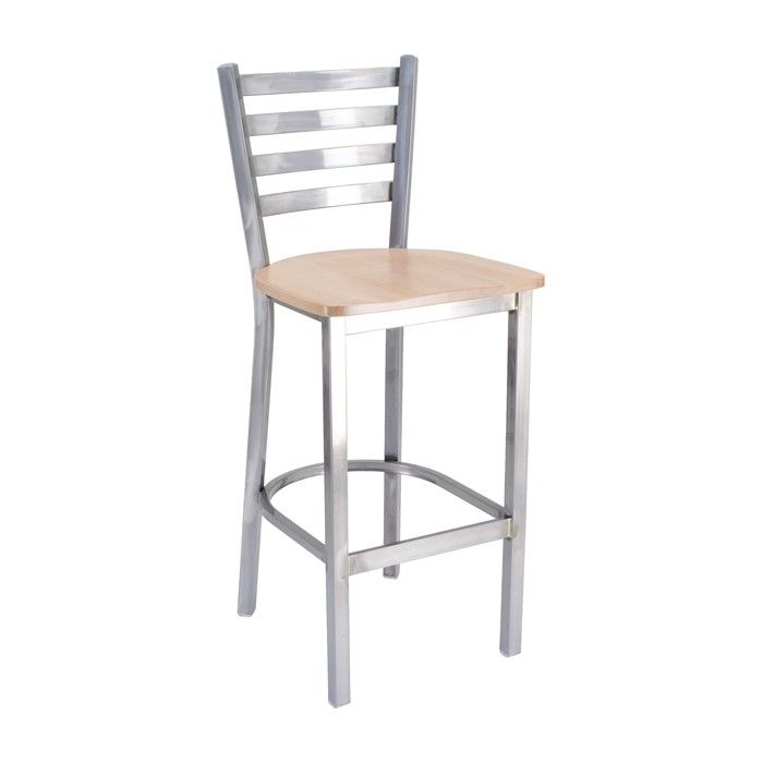 A stainless steel bar stool with a wooden seat
