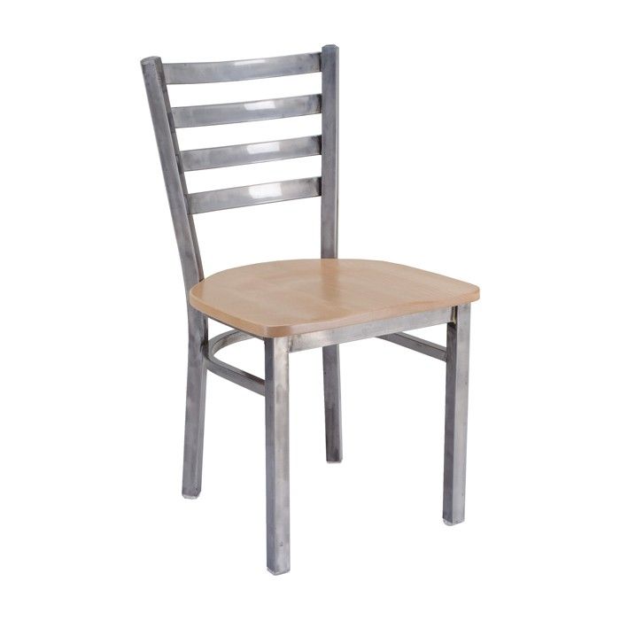 A wooden chair with a metal frame and a wooden seat on a white background.