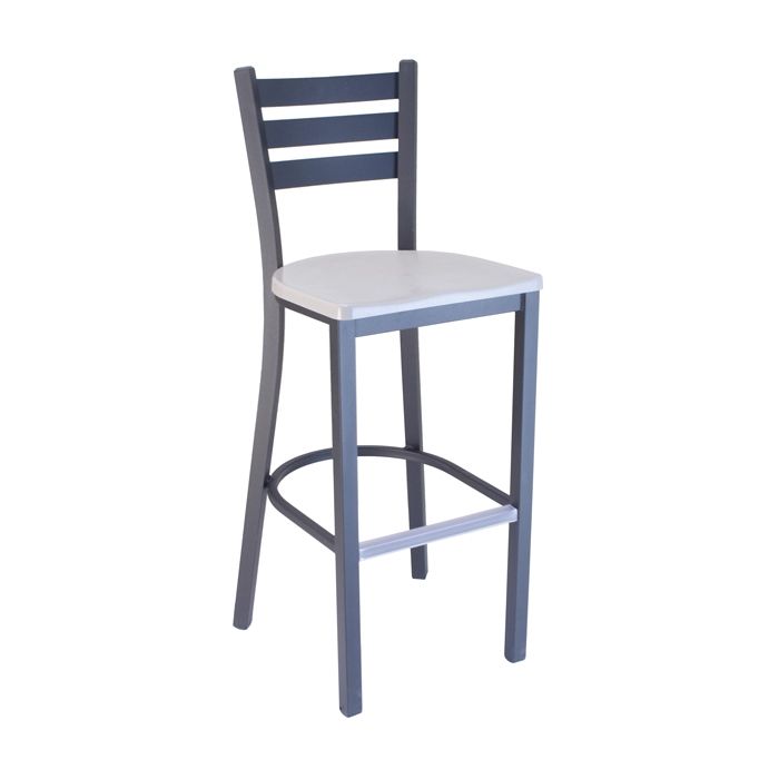 A gray bar stool with a white seat on a white background.