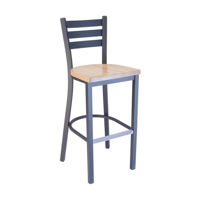 A bar stool with a wooden seat and back on a white background.