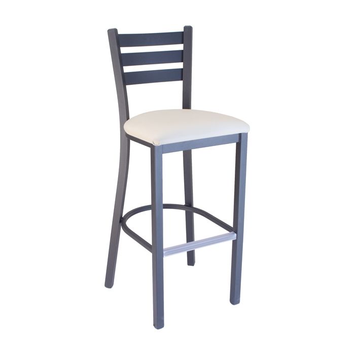 A bar stool with a white seat and back on a white background