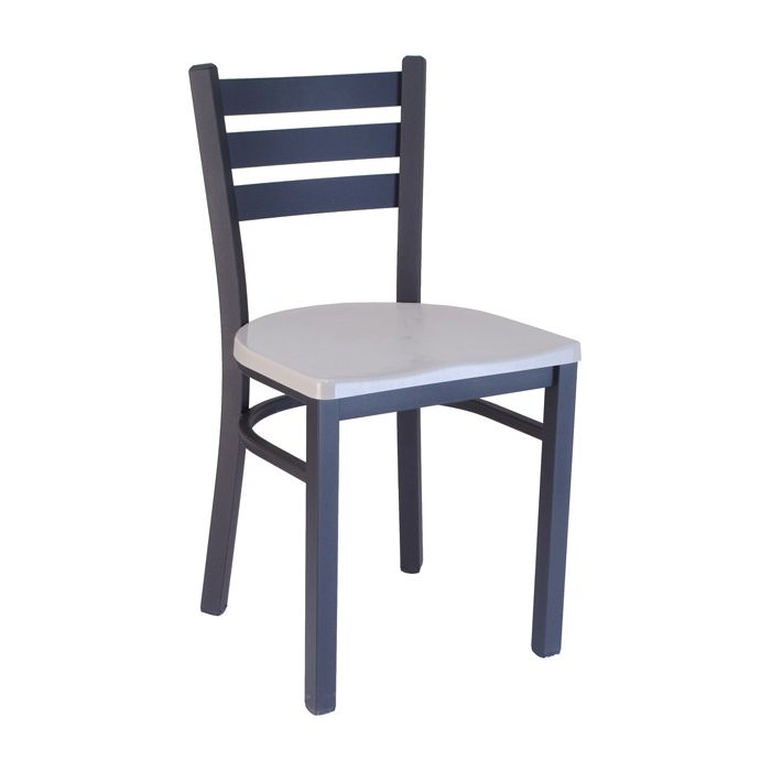 A black chair with a white seat on a white background