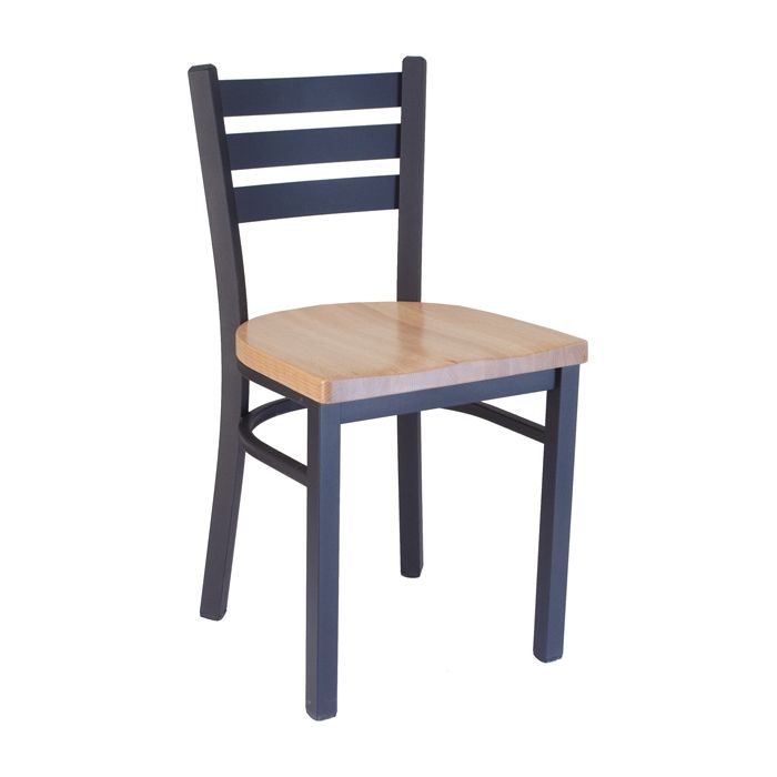 A black chair with a wooden seat and back on a white background