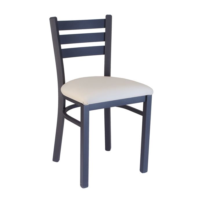 A black chair with a white cushion on a white background