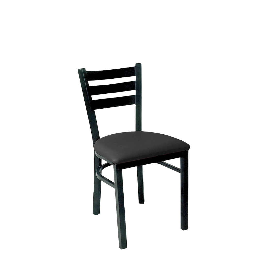 A black chair with a black seat and back on a white background.