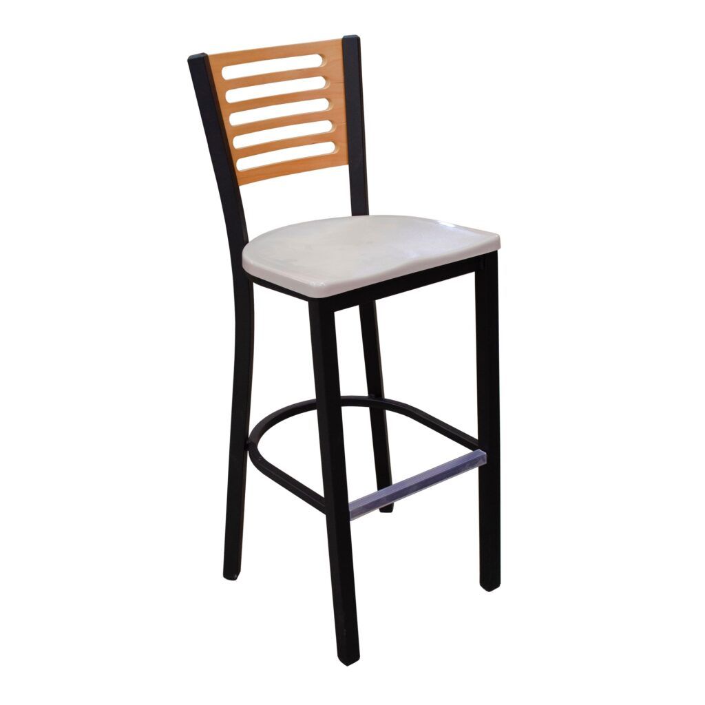 A bar stool with a wooden back and a white seat on a white background.