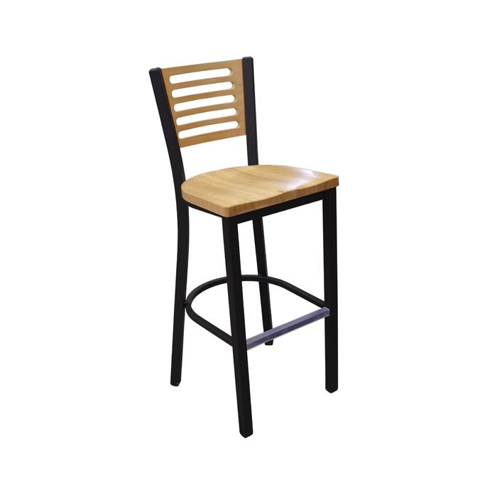 A bar stool with a wooden seat and back on a white background.