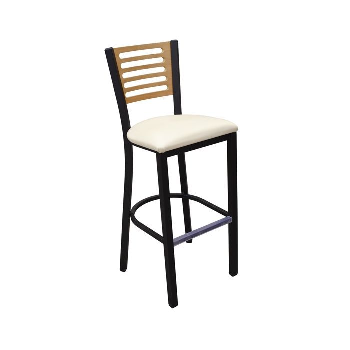 A bar stool with a wooden back and a white seat on a white background.