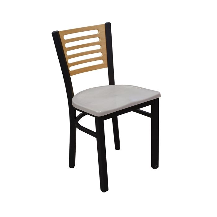 A chair with a wooden back and a white seat on a white background.