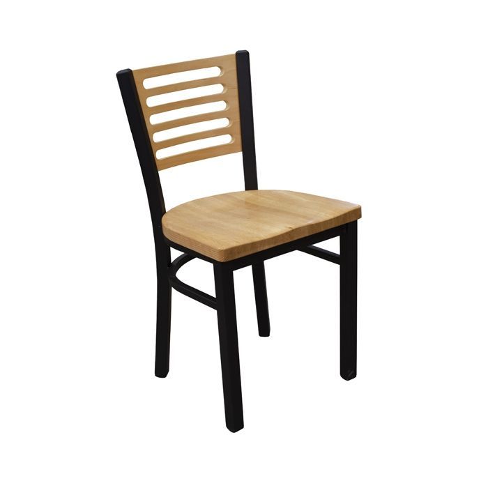 A wooden chair with a black frame on a white background