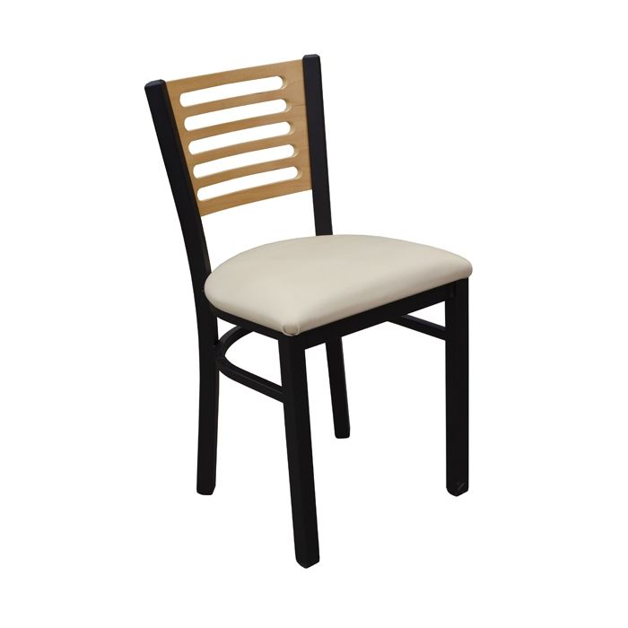 A chair with a wooden back and a white seat on a white background