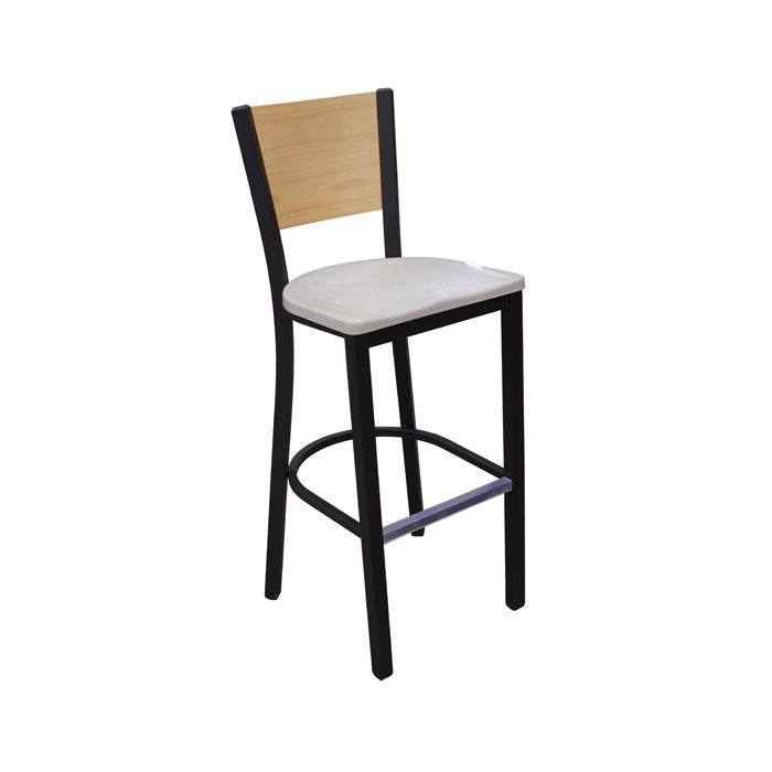 A bar stool with a wooden back and a white seat on a white background.