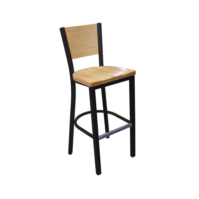A wooden bar stool with a black frame on a white background