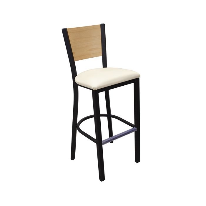 A bar stool with a wooden back and a white seat on a white background.
