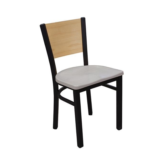 A chair with a wooden back and a white cushion