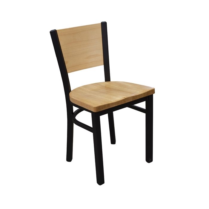 A wooden chair with a black frame on a white background