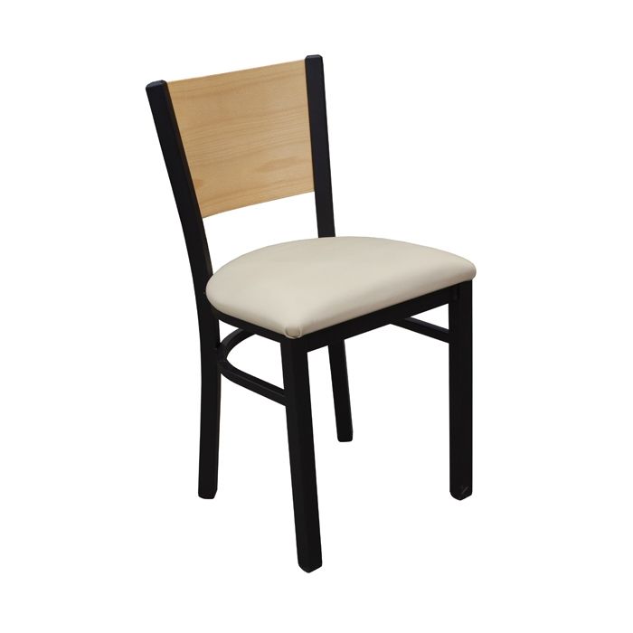 A chair with a wooden back and a white seat