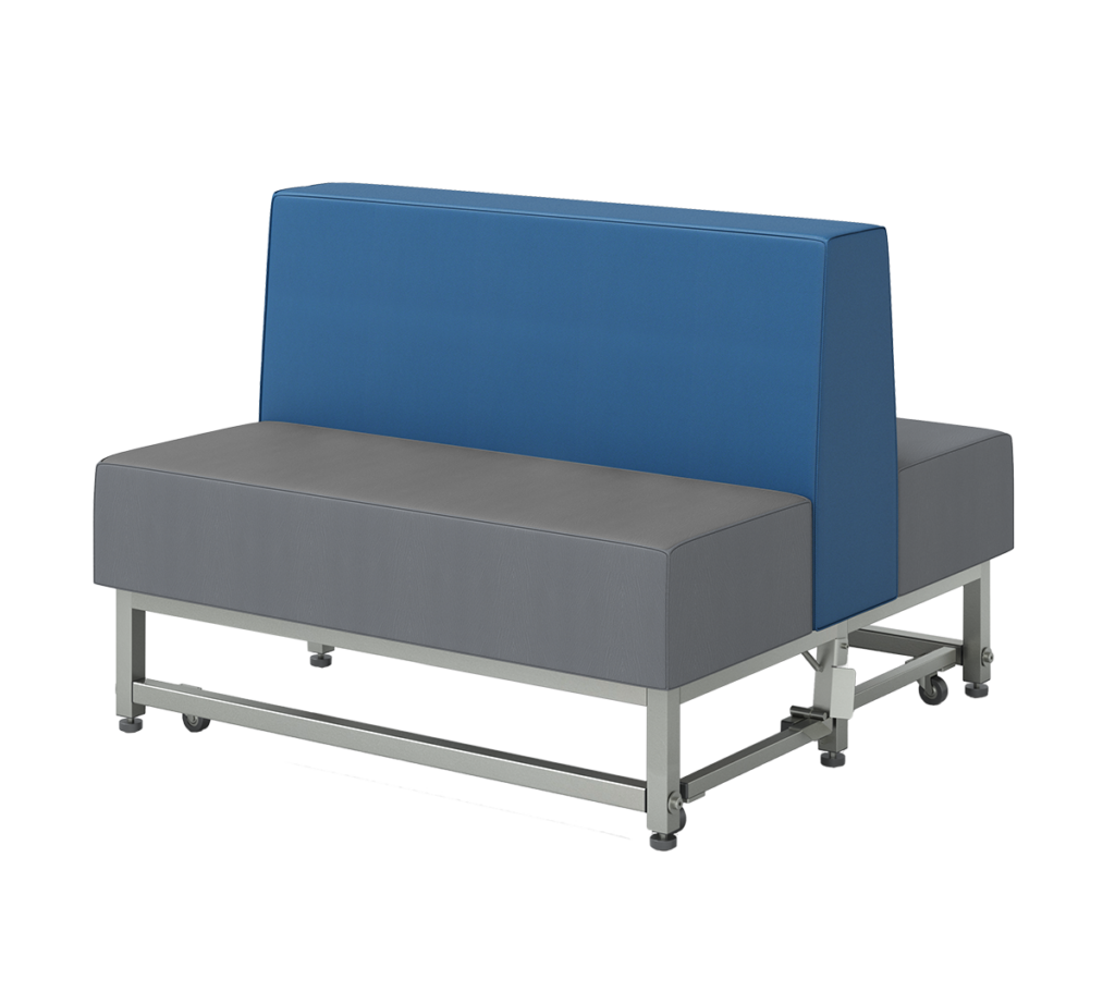 A blue and gray couch with wheels on a white background.