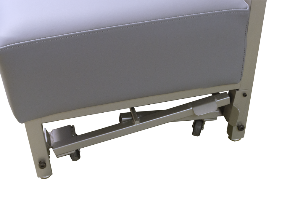 A close up of a white chair with a metal frame