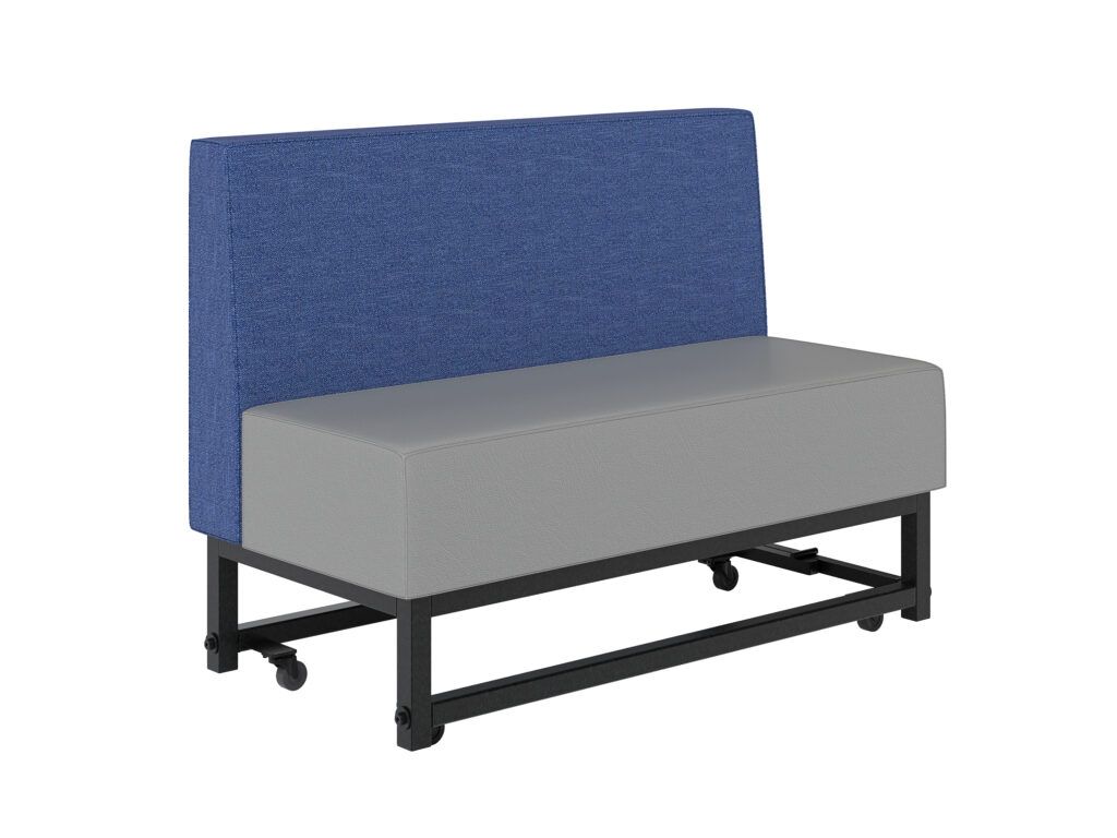 A blue and gray couch with wheels on a white background.