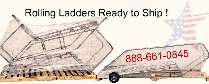 A picture of rolling ladders ready to ship