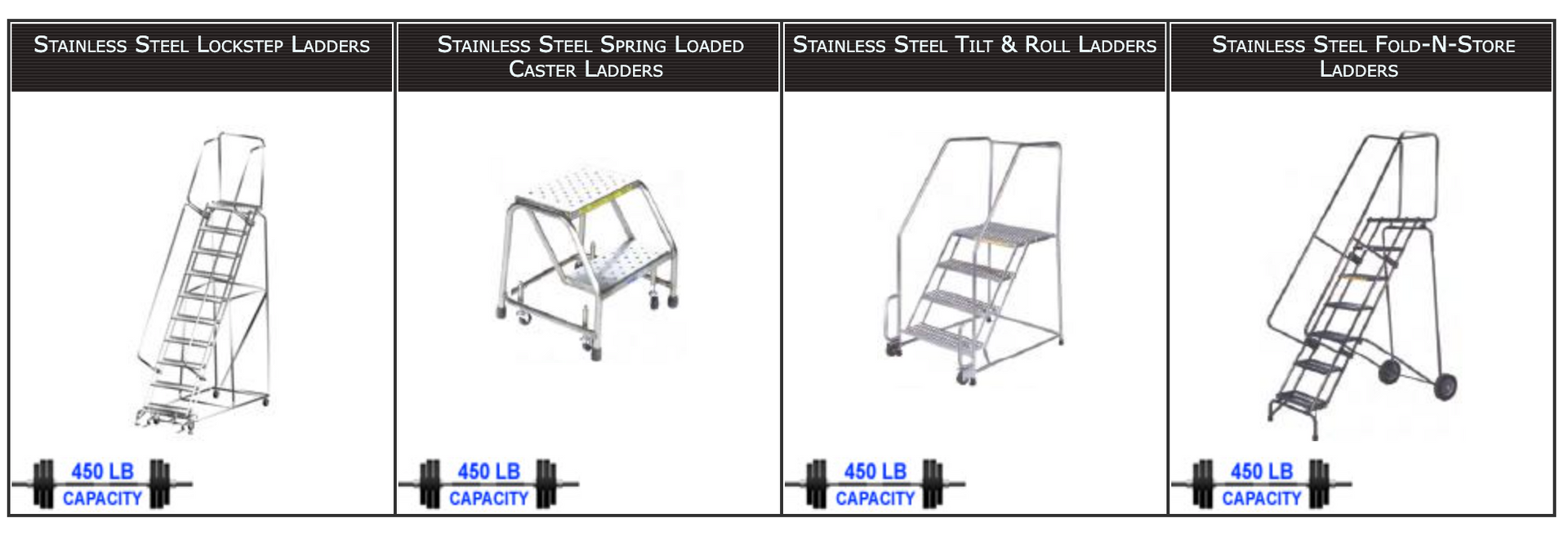 Four different types of ladders are shown on a white background.