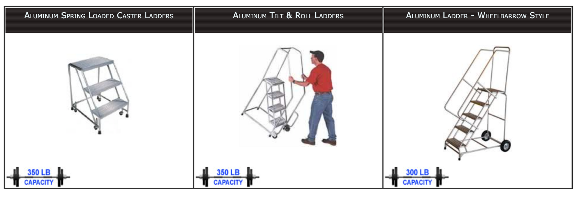 A man is pushing a ladder between two other ladders