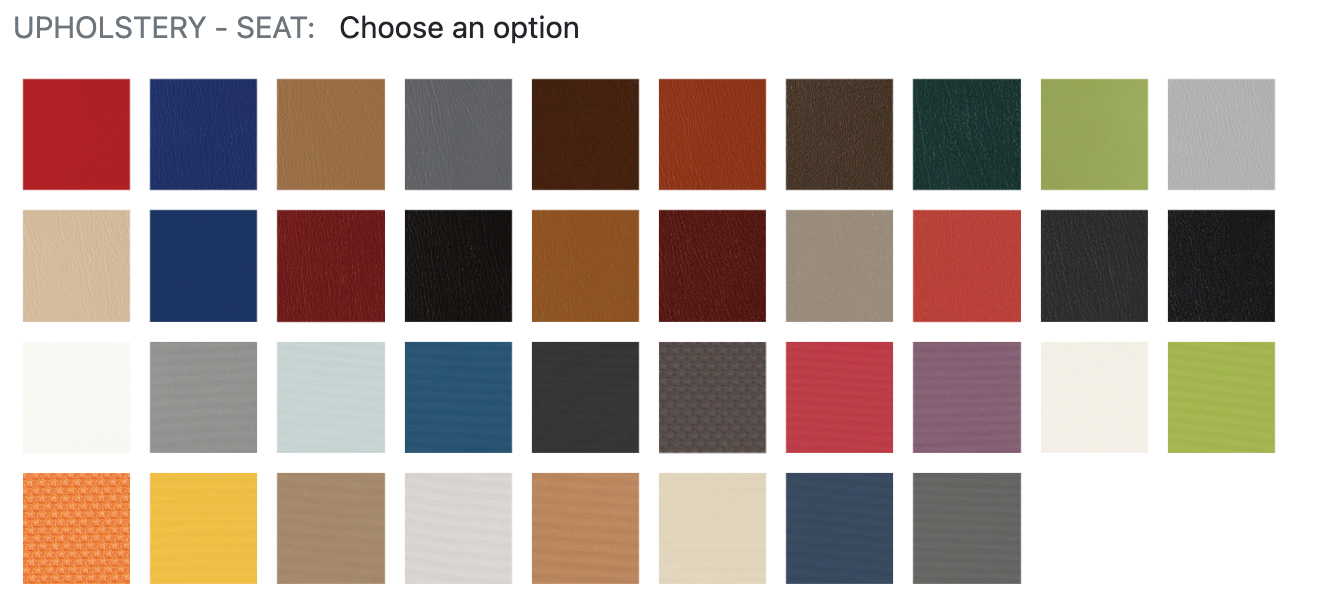 A variety of upholstery colors are shown on a white background