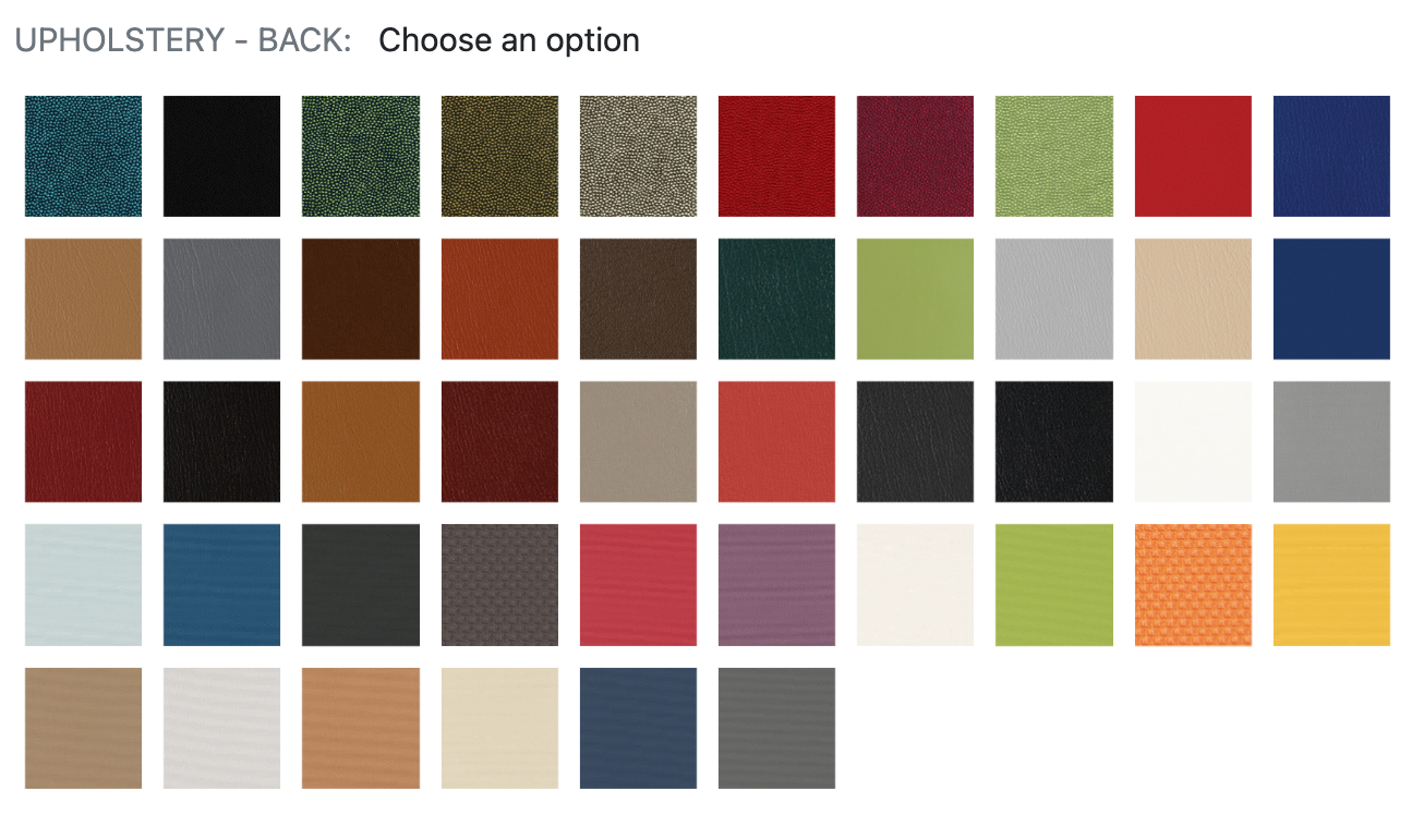 A variety of upholstery colors are shown on a white background
