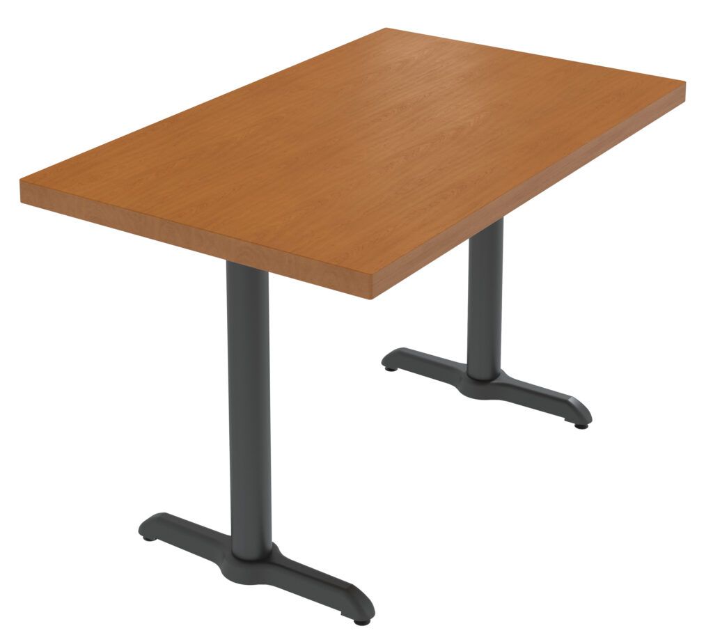 A wooden table with a black base on a white background
