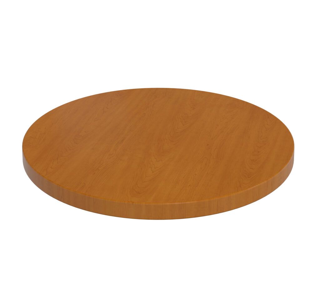 A round wooden table top on a white background