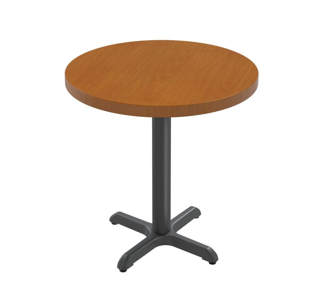 A round table with a black base on a white background
