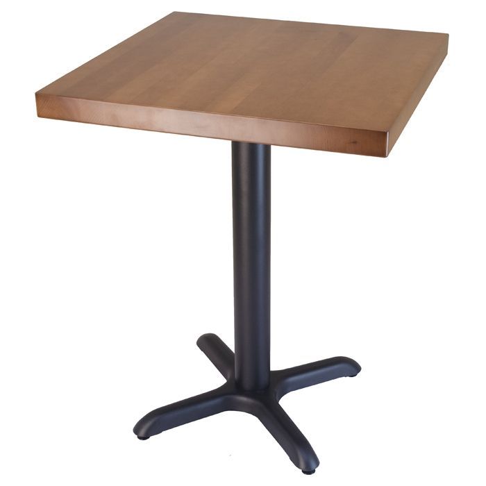 A wooden table with a black base on a white background