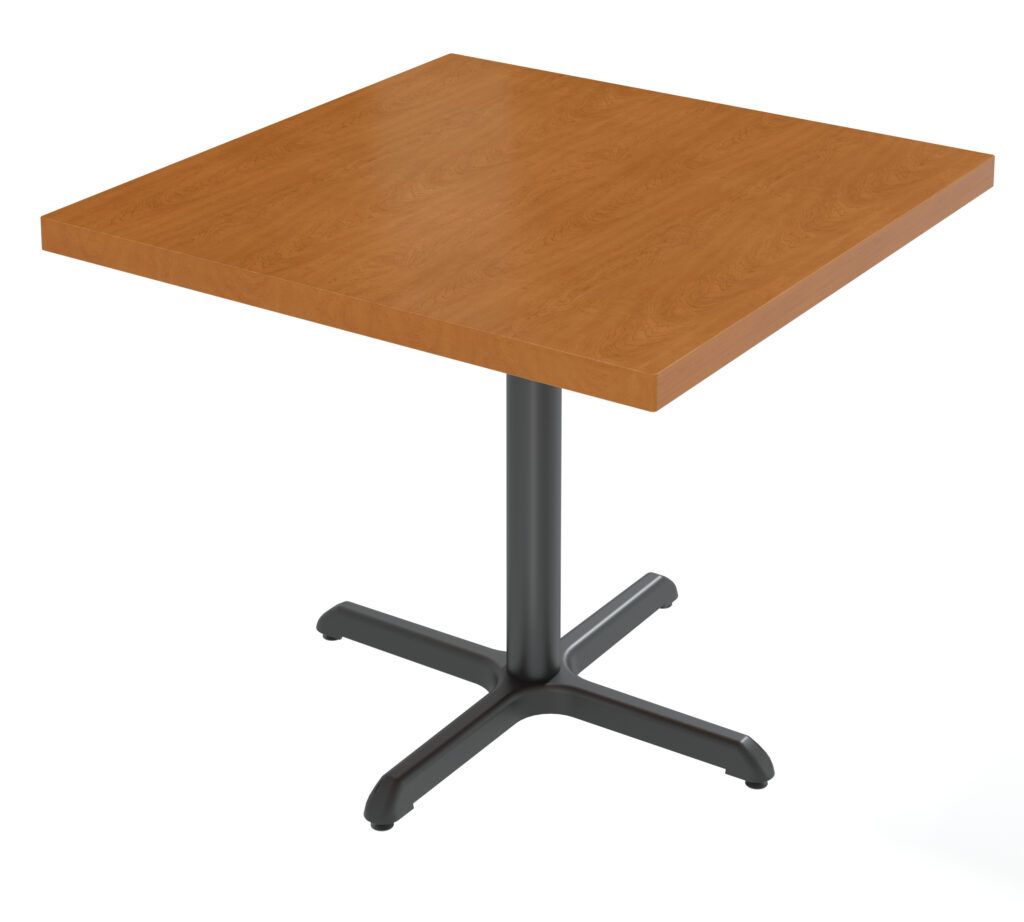 A wooden table with a black base on a white background