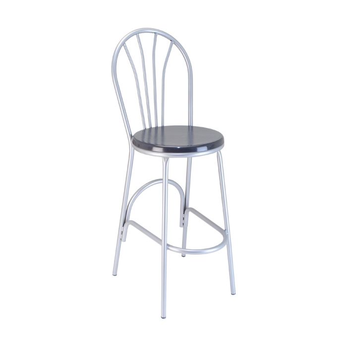 A silver bar stool with a black seat on a white background.