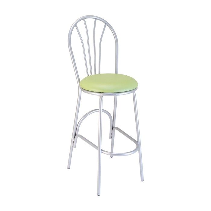 A bar stool with a green cushion on a white background.