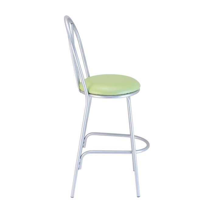 A bar stool with a green cushion on a white background.