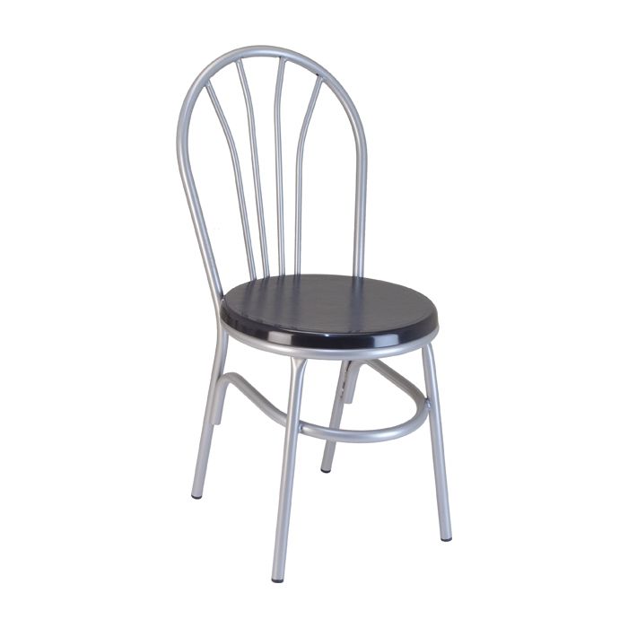 A metal chair with a black seat on a white background