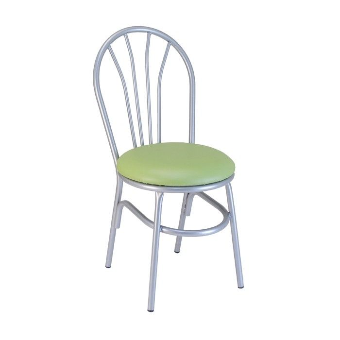 A silver chair with a green cushion on a white background