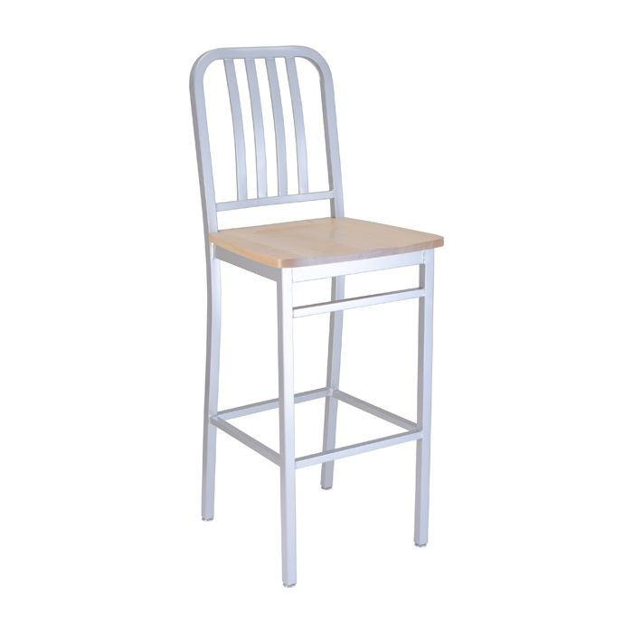 A white bar stool with a wooden seat on a white background.
