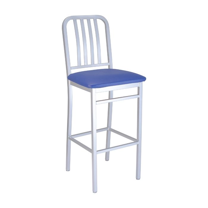 A white bar stool with a blue cushion on a white background.