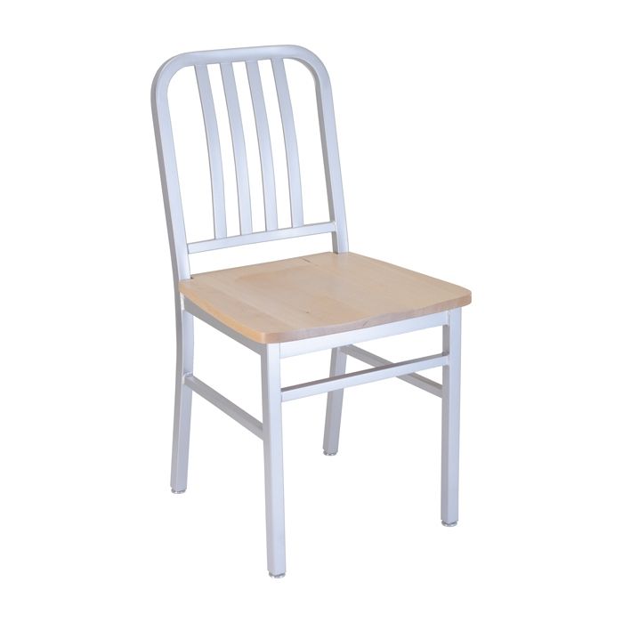 A white chair with a wooden seat on a white background