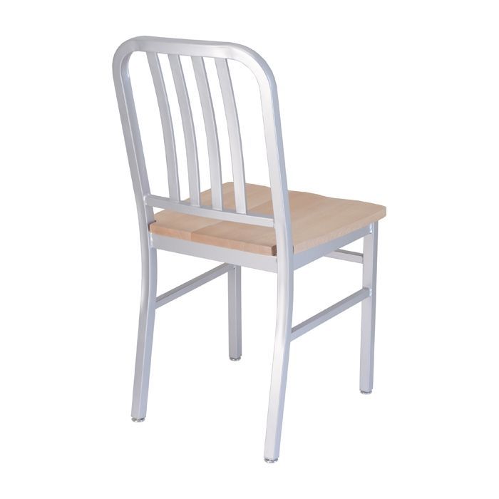 A silver chair with a wooden seat on a white background