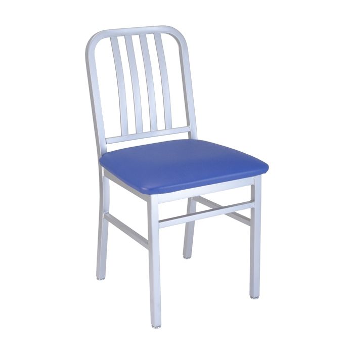 A white chair with a blue seat on a white background