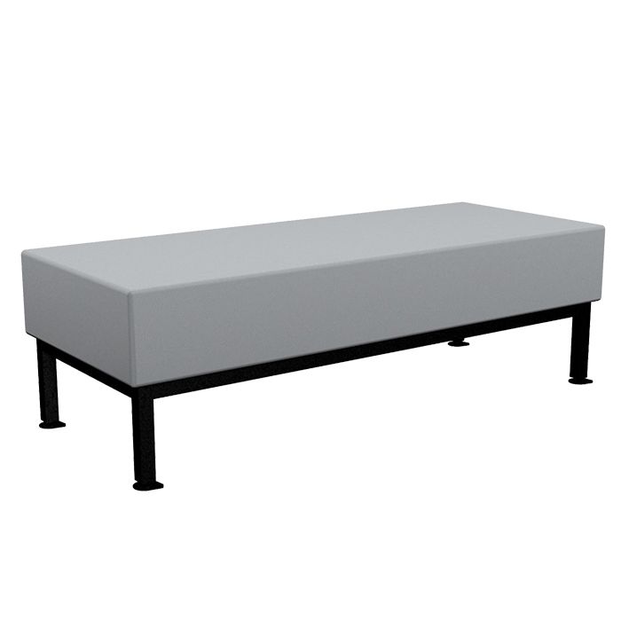 A white ottoman with black legs on a white background.