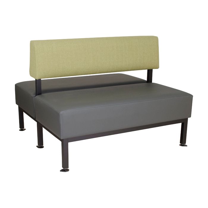 A grey and green chair with a yellow back on a white background.