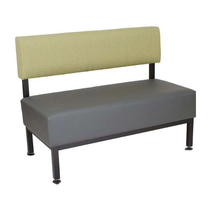 A grey couch with a yellow back rest on a white background