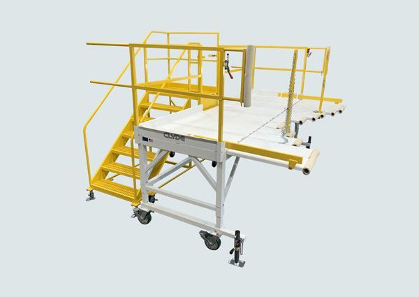 A yellow platform with stairs and a railing on a white background.