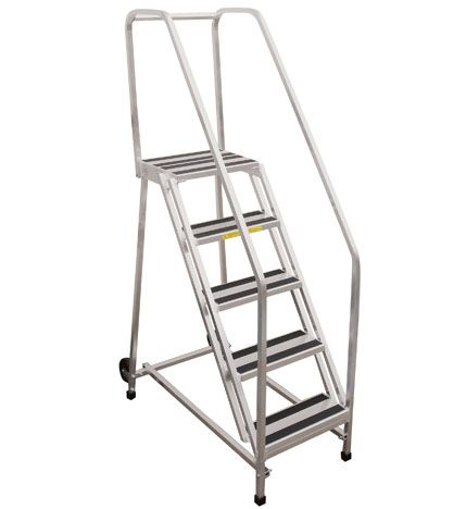 A metal ladder with wheels and a handle on a white background.